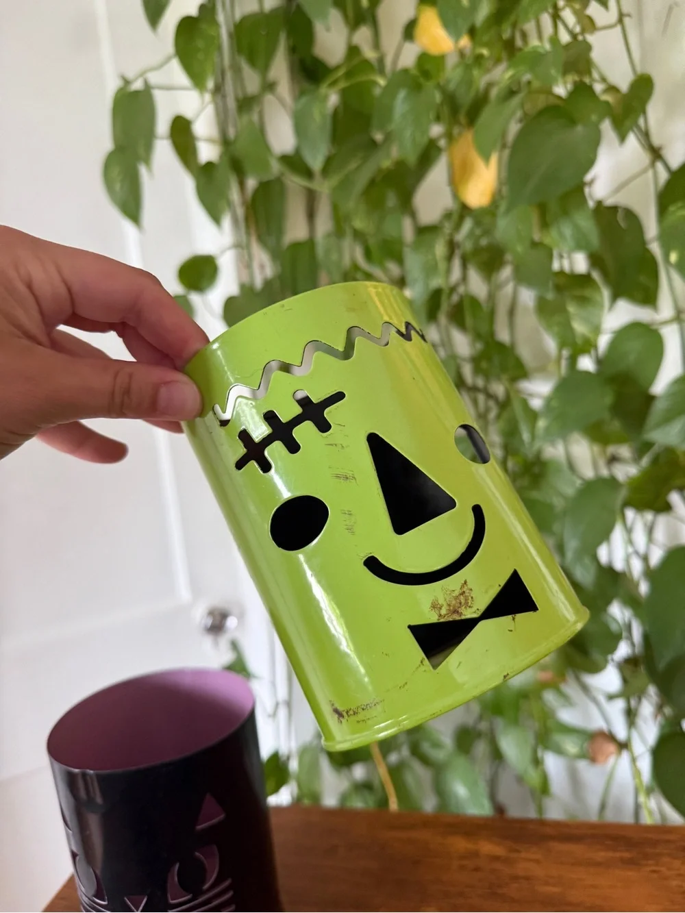 Black Cat and Lime Green Frankenstein Decorative Metal Candle Holders